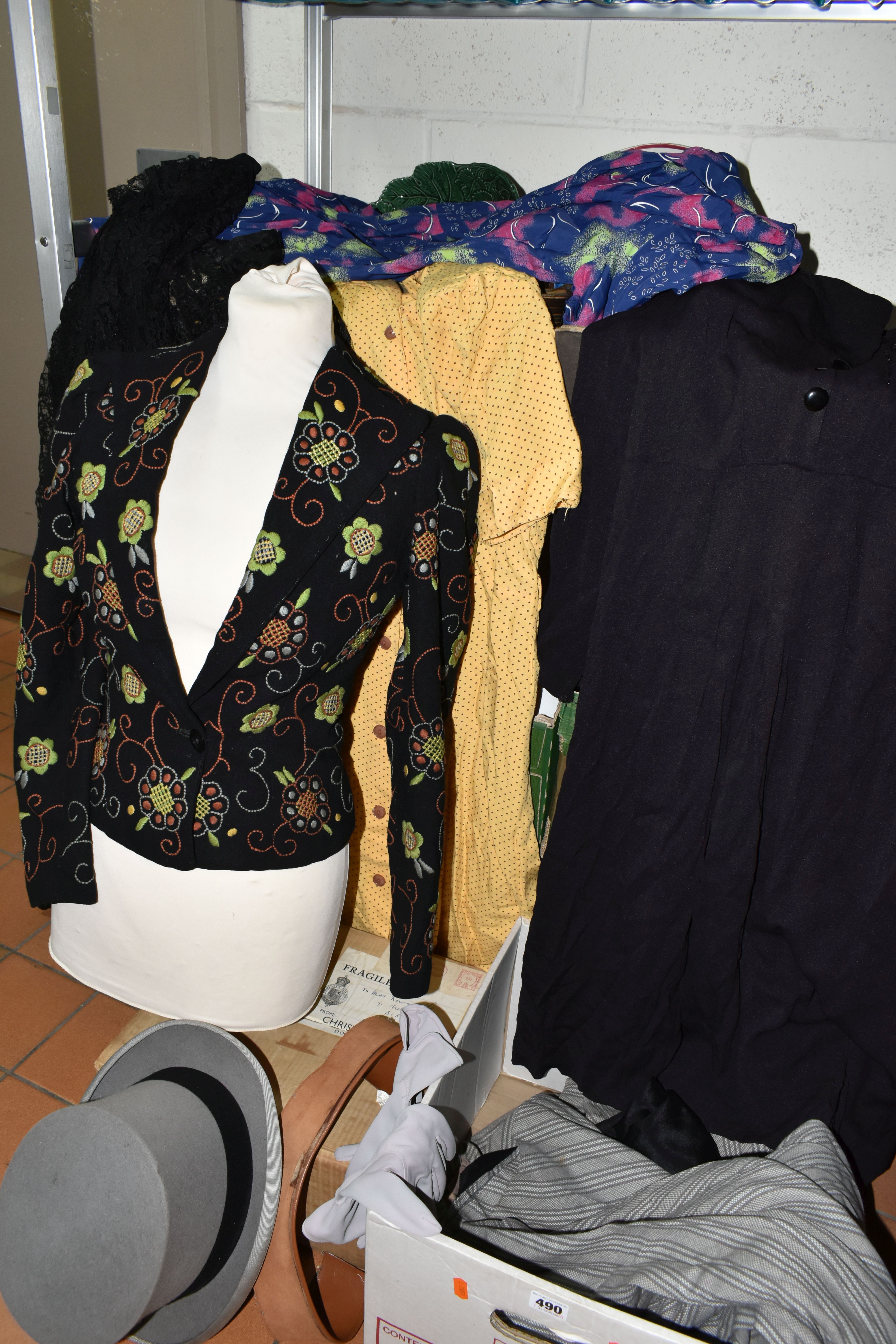 THREE BOXES OF VINTAGE CLOTHING AND TABLE LINEN, to include 1960s cotton dresses, a hand embroidered