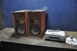 A PAIR OF VINTAGE EKCO TYPE 5768 HI FI SPEAKERS in rosewood effect cabinets (working but dust covers