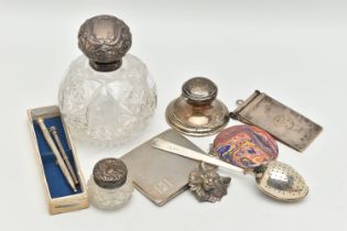 A BOX OF VARIOUS SILVER AND WHITE METAL ITEMS, to include a round glass scent bottle fitted with a