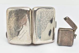 A SILVER CIGARETTE CASE AND SILVER VESTA, rectangular form cigarette case with etched foliage