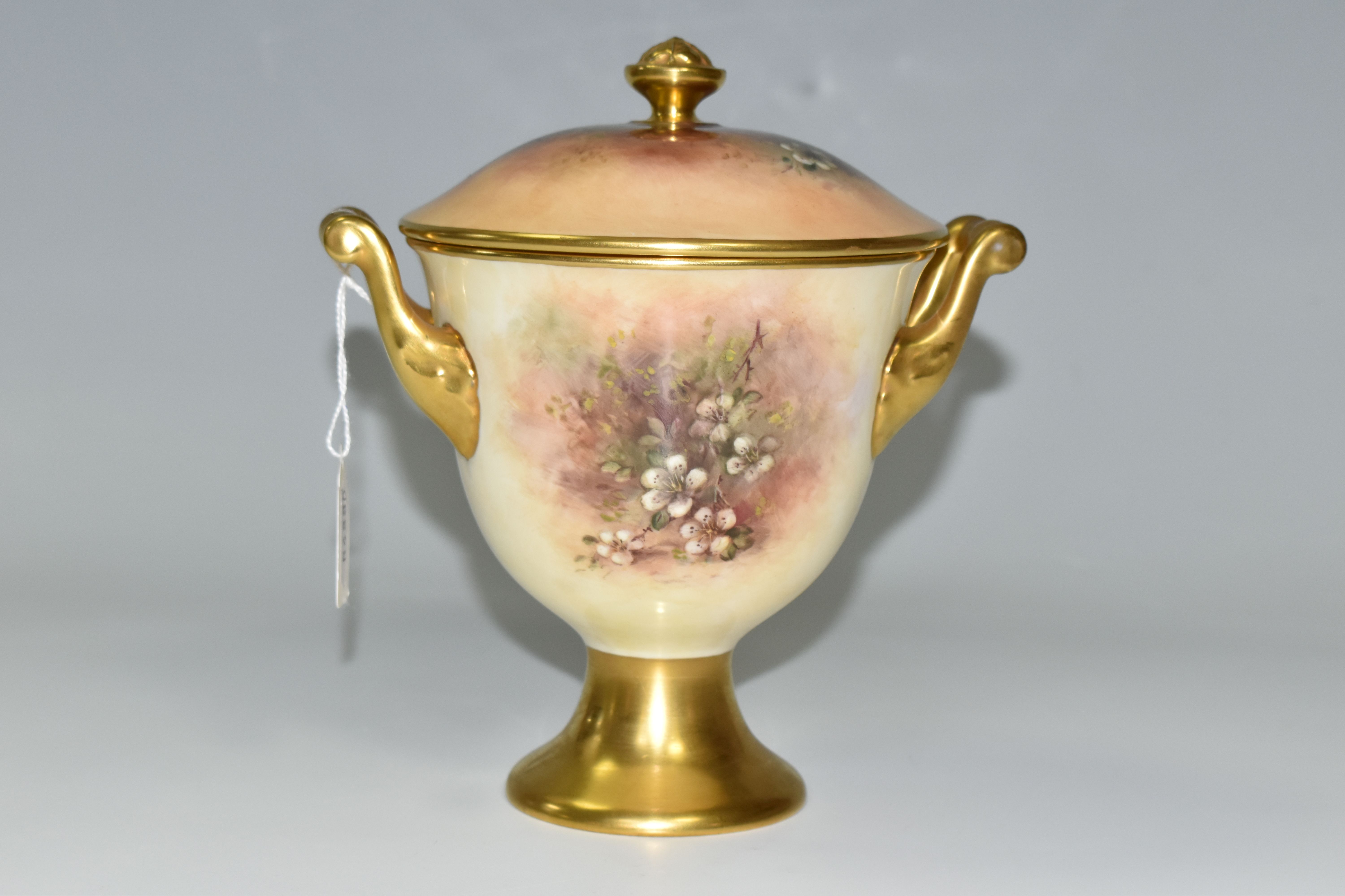 A COALPORT COVERED VASE, the gilt footed vase with twin gilt handles, hand painted with apples, - Image 3 of 8