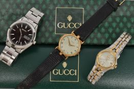 THREE WRISTWATCHES, to include a ladies boxed 'Gucci' quartz wristwatch, stamped to the case back '