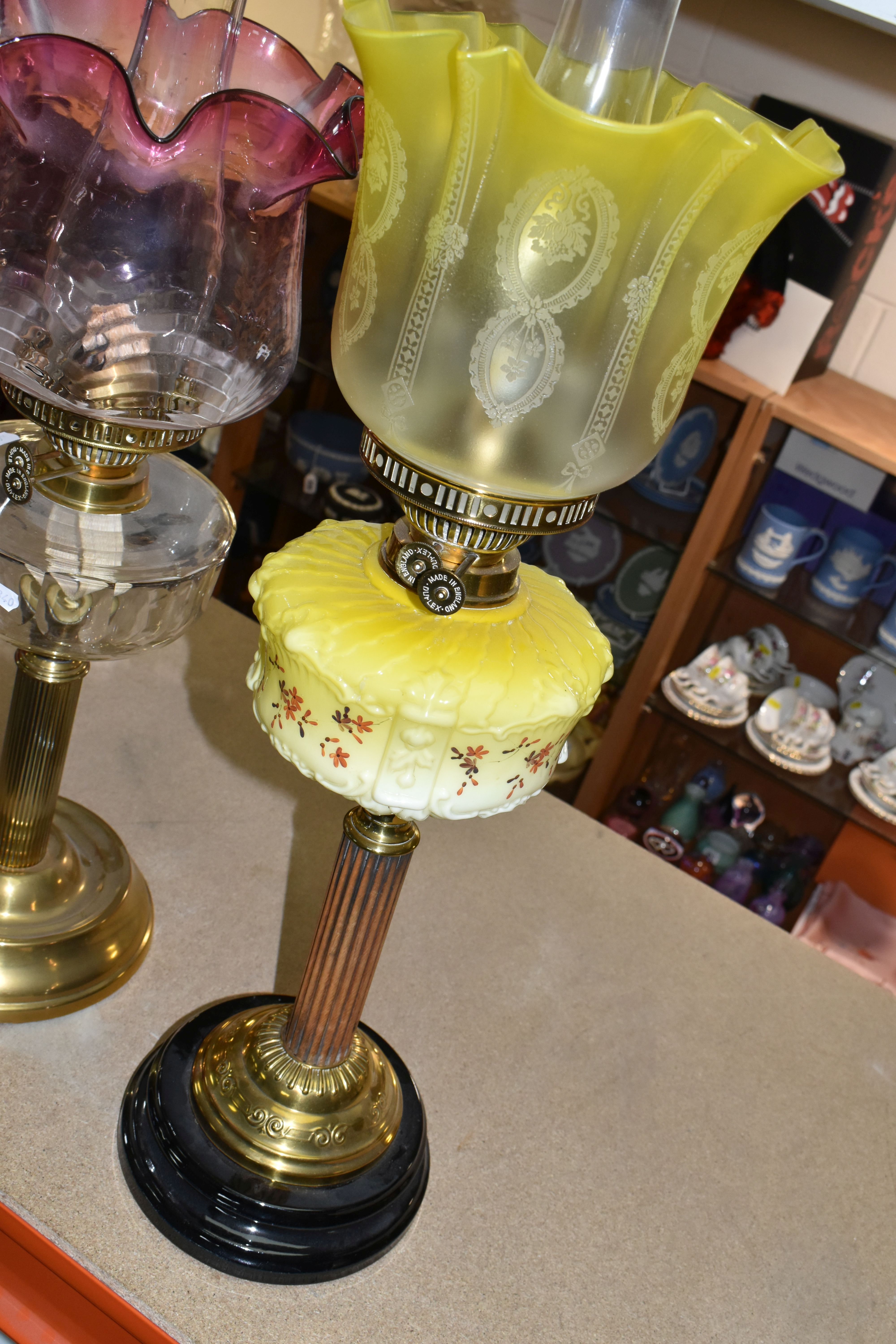 TWO VICTORIAN OIL LAMPS, one has an etched yellow glass shade, moulded yellow milk glass reservoir - Image 7 of 10