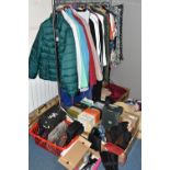 FOUR BOXES AND A QUANTITY OF LADIES' CLOTHING, SHOES AND ACCESSORIES, to include modern jackets,