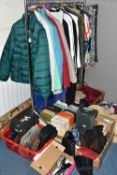 FOUR BOXES AND A QUANTITY OF LADIES' CLOTHING, SHOES AND ACCESSORIES, to include modern jackets,