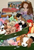 THREE BOXES OF TY BEANIE BABIES, PORCELAIN DOLL AND GAMES, top include a Leonardo Collection