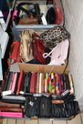 THREE BOXES OF UNUSED HANDBAGS AND A LARGE QUANTITY OF PURSES, to include over forty purses,