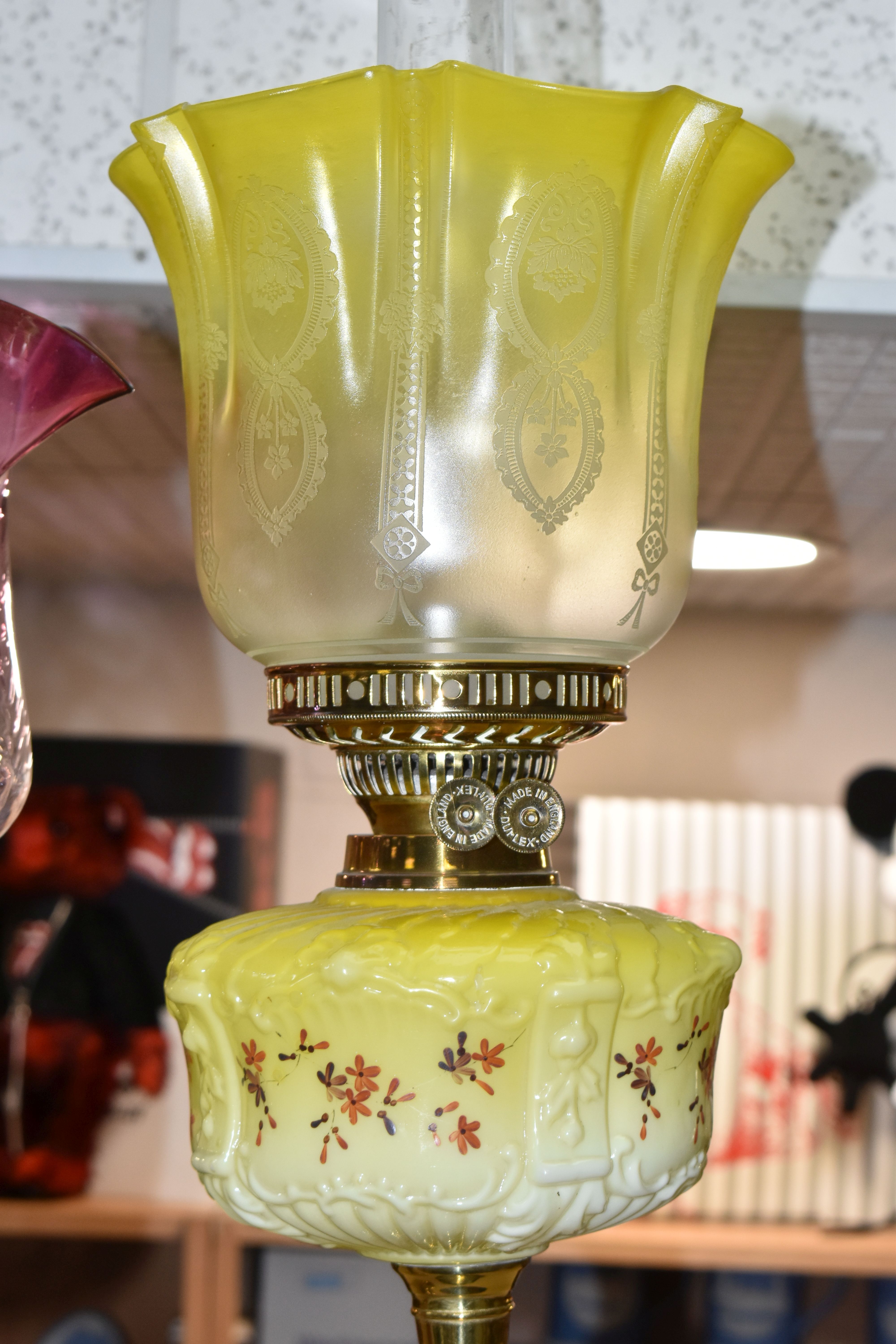 TWO VICTORIAN OIL LAMPS, one has an etched yellow glass shade, moulded yellow milk glass reservoir - Image 2 of 10