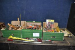 THREE TRAYS CONTAINING HAND TOOLS including upholsters hammer, brick, ball pein, pin hammers,