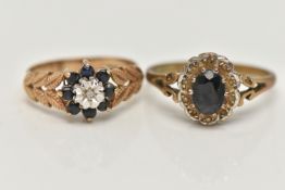 TWO GEM SET RINGS, the first an oval cut sapphire with a diamond set scalloped surround, yellow gold