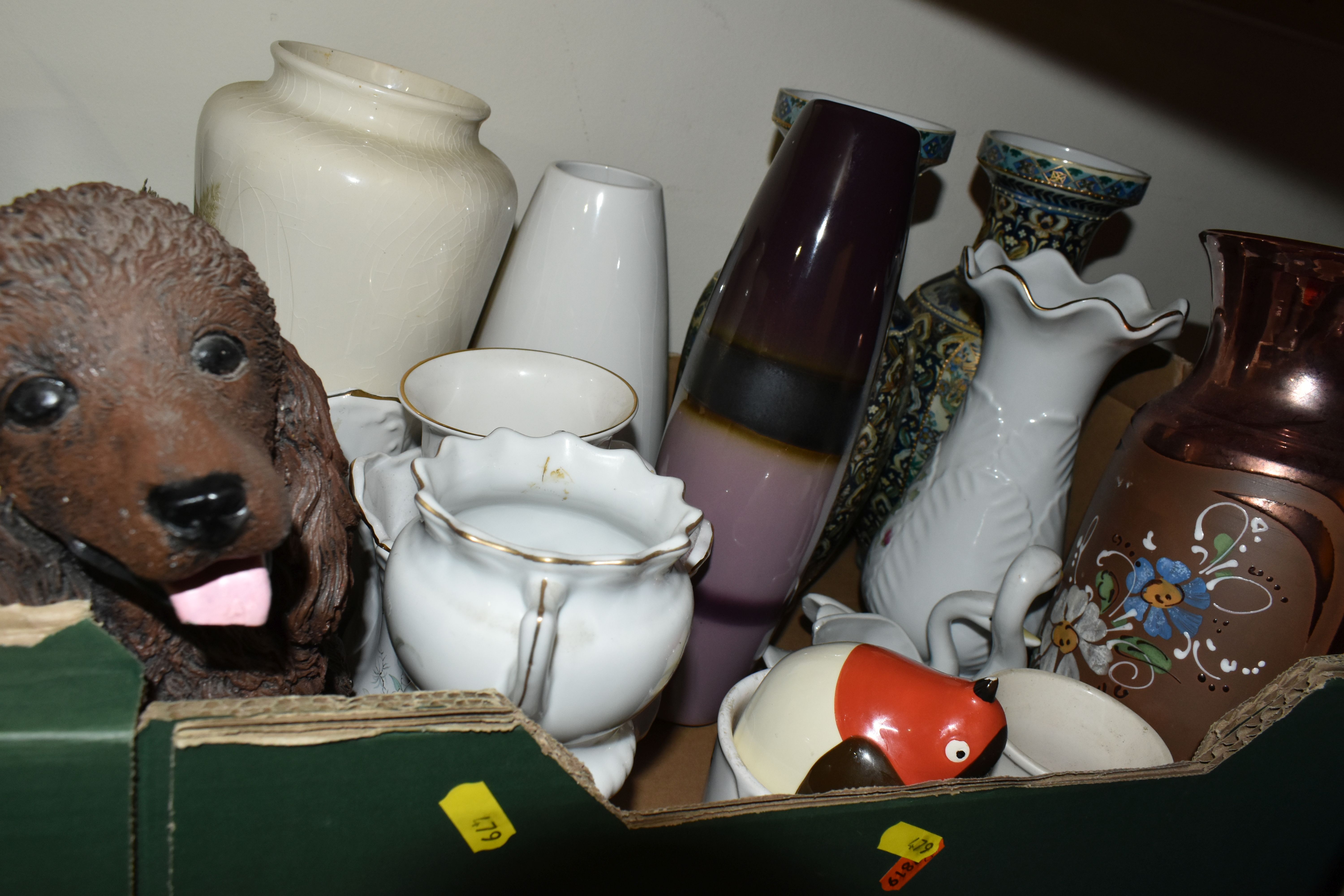 SIX BOXES OF CERAMICS, DINNERWARE AND ORNAMENTS, to include a large floral 'Piggy Bank', carved - Image 10 of 11