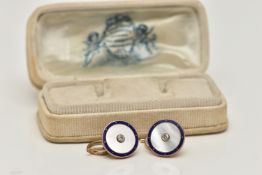 A PAIR OF 9CT GOLD DIAMOND SET CUFFLINKS, each of a circular form, centrally set with a small