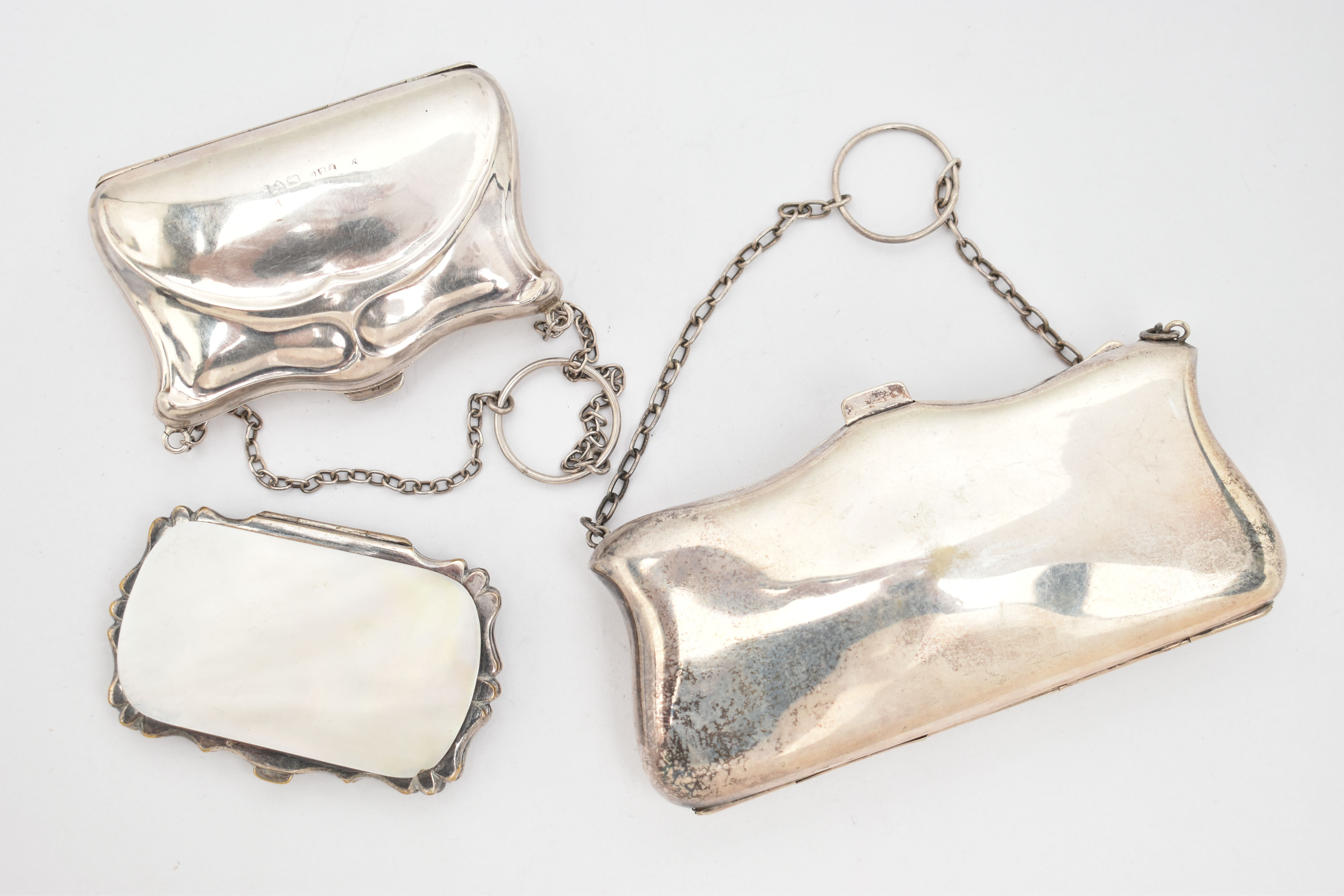 A SILVER COIN PURSE AND TWO OTHERS, an early 20th century silver Art Nouveau pattern purse, - Image 2 of 3