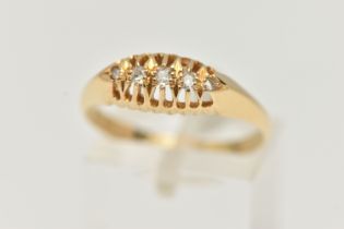 AN 18CT GOLD DIAMOND BOAT RING, two single cut diamonds an old cut diamond and two rose cut