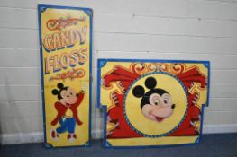 TWO VINTAGE PAINTED FAIRGROUND SIGNAGE, depicting an artist's imitation of Mickey Mouse, the tall