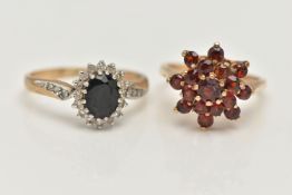 TWO GEM SET RINGS, the first a garnet cluster, prong set in yellow gold, hallmarked 9ct London, ring