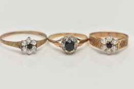 THREE GEM SET RINGS, the first a sapphire and diamond cluster ring, hallmarked 9ct, ring size M,