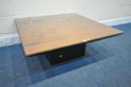 A 20TH CENTURY BURR WALNUT COFFEE TABLE, with geometric design to top surface, on a box plinth, 90cm