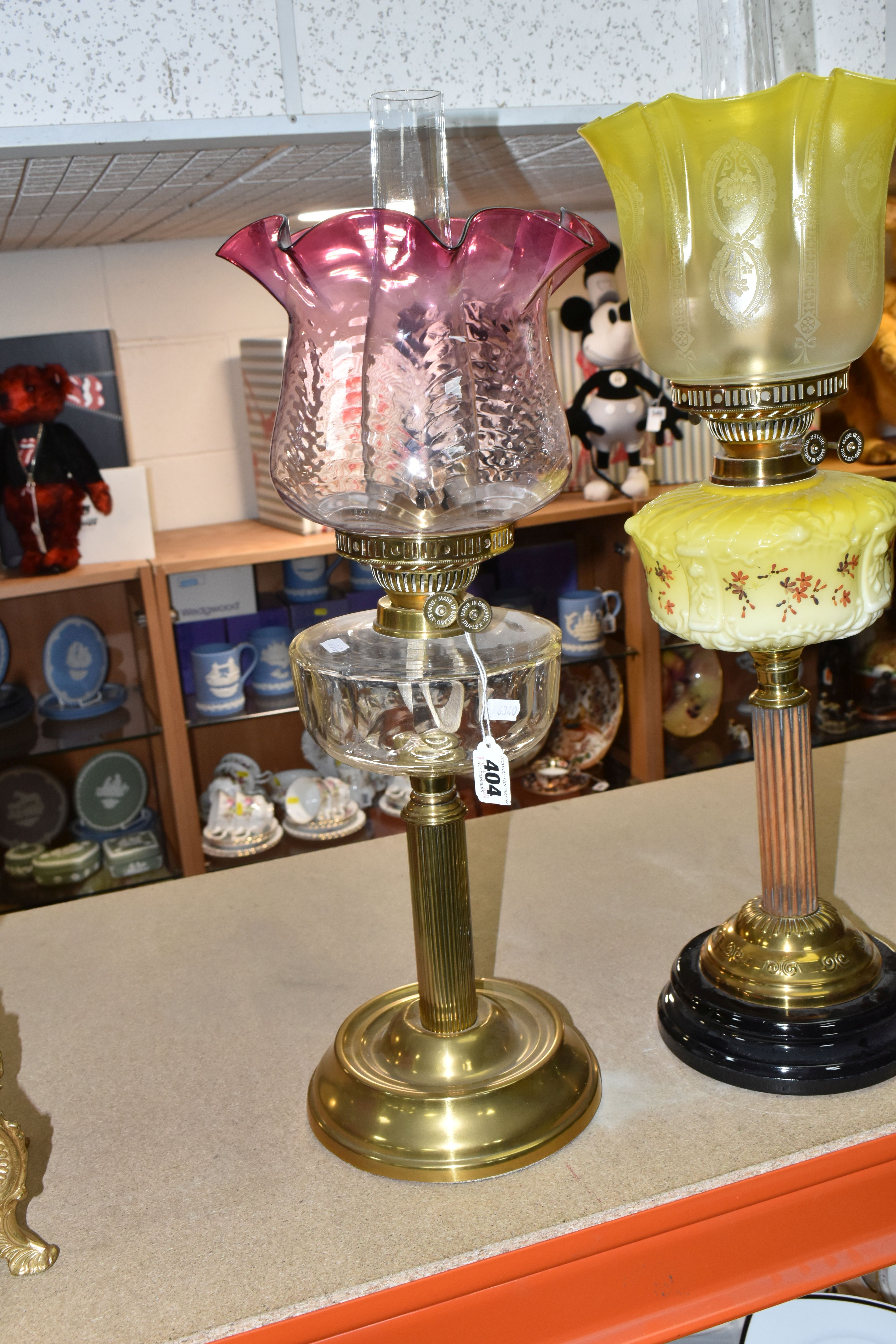 TWO VICTORIAN OIL LAMPS, one has an etched yellow glass shade, moulded yellow milk glass reservoir - Image 6 of 10