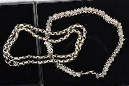 A LATE VICTORIAN NECKLACE AND A WHITE METAL BELCHER CHAIN, the necklace comprised of triangular form
