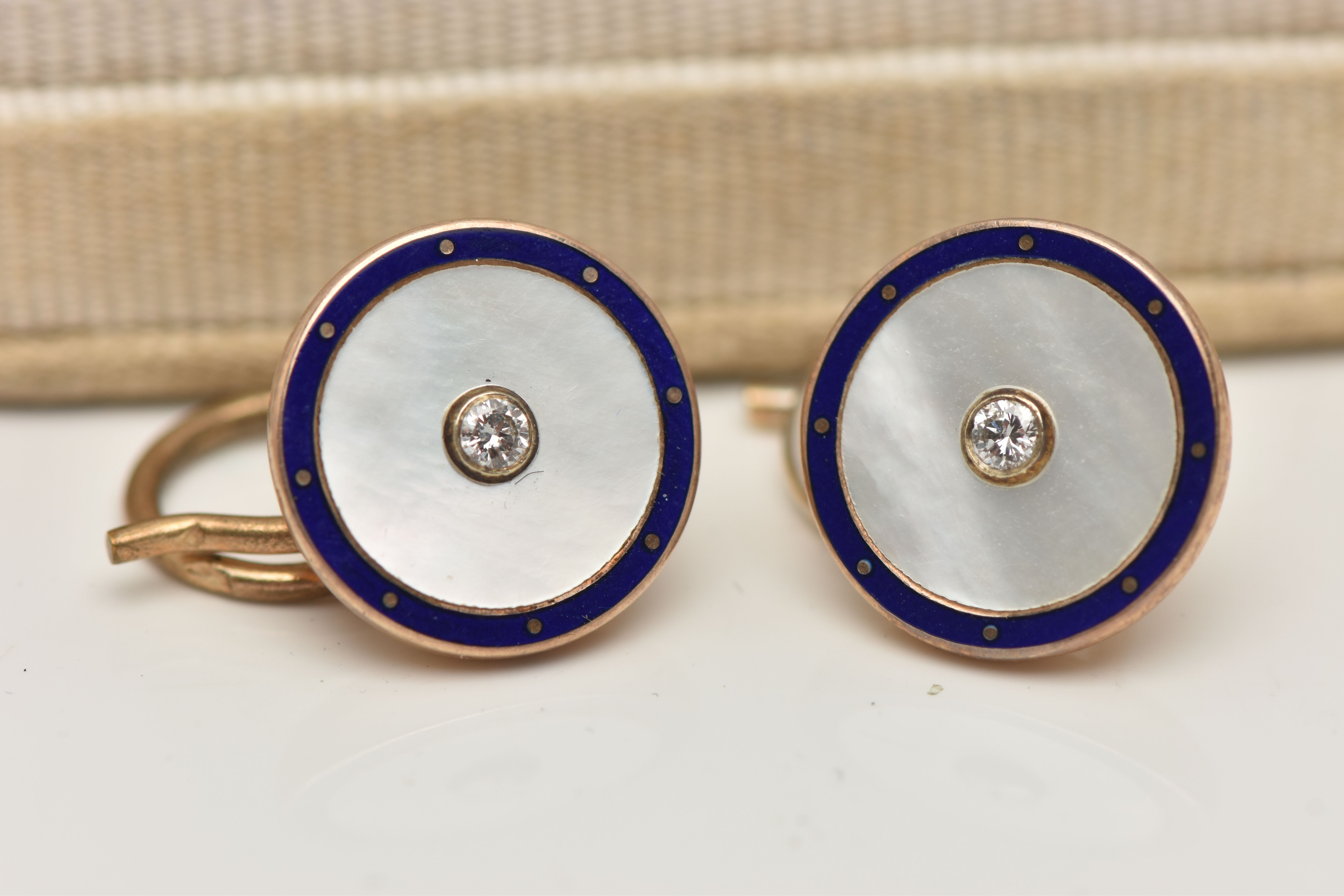 A PAIR OF 9CT GOLD DIAMOND SET CUFFLINKS, each of a circular form, centrally set with a small - Image 2 of 3