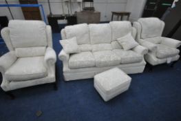 A G PLAN BEIGE FLORAL UPHOLSTERED FOUR PIECE LOUNGE SUITE, comprising a three seater sofa, two