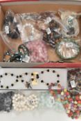 A BOX OF ASSORTED SEMI-PRECIOUS GEMSTONE JEWELLERY, to include two tigers eye bead necklaces, a rose