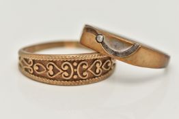TWO 9CT GOLD RINGS, the first a band ring with raised scrolling detail, hallmarked 9ct Birmingham,