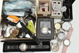 A TIN OF ASSORTED WRISTWATCHES, to include a boxed 'Butler & Wilson' quartz, paste set bezel