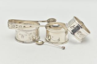 FIVE PIECES OF SILVER, to include a pair of silver sugar tongs, hallmarked 'Cooper Brothers & Sons