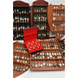A BOX OF ASSORTED TEASPOONS AND CASES, to include six wooden display cases, displaying and
