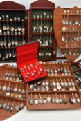 A BOX OF ASSORTED TEASPOONS AND CASES, to include six wooden display cases, displaying and
