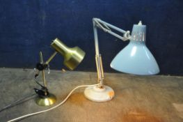 A 'THOUSAND AND ONE' ANGLEPOISE STYLE TABLE LAMP in duck egg blue and a 1980's brassed table