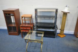 A SELECTION OF OCCASIONAL FURNITURE, to include two glass and chrome stands, a mahogany hi-fi