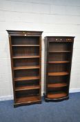 A MAHOGANY OPEN BOOKCASE, with five shelves, width 82cm x depth 35cm x height 195cm, along with
