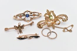 FOUR EARLY 20TH CENTURY BROOCHES AND A PAIR OF HOOP EARRINGS, to include a peridot and split pearl