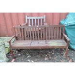TWO MODERN WOODEN SLATTED GARDEN BENCHES AND A SINGLE CHAIR bench widths 185 and 186cm (chair has
