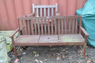 TWO MODERN WOODEN SLATTED GARDEN BENCHES AND A SINGLE CHAIR bench widths 185 and 186cm (chair has