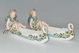 A PAIR OF JOHN BEVINGTON PORCELAIN BOAT VASES, late nineteenth century, florally encrusted, each