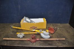 A TRAY CONTAINING PIPE WORK TOOLS including a Record 91 1/2 pipe clamp, a Hilmor pipe bender, a pipe