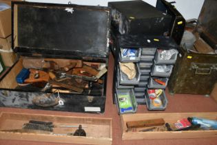 A GROUP OF TOOL CHESTS AND TOOLS, to include four wooden tool boxes and similar cases, a small metal