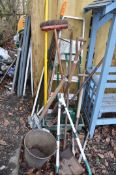 AN ALUMINIUM STEP LADDER AND A COLLECTION OF GARDEN TOOLS including a galvanised bucket, forks,