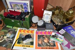 TWO BOXES AND LOOSE SUNDRY ITEMS ETC, to include a light brown fur jacket, Tasco 10x42