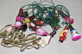 A BOX OF VINTAGE CHRISTMAS LIGHTS, one set with twelve non-matching bulbs attached, two pin plug