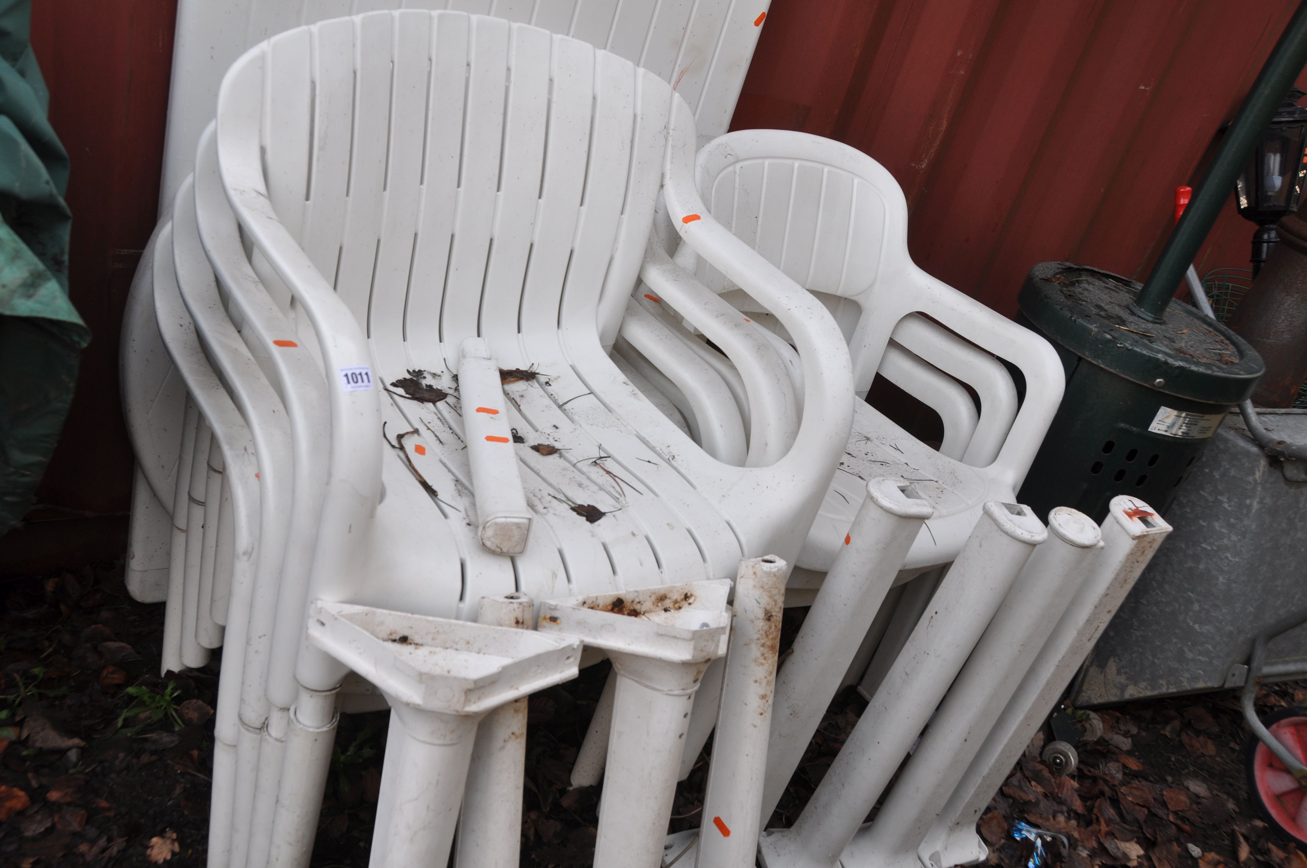 TWO WHITE PLASTIC TABLES AND SEVEN CHAIRS one table 150 x 87cm rectangular, the other 100cm round ( - Image 3 of 3