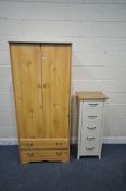 A MODERN PINE EFFECT DOUBLE DOOR WARDROBE, with two drawers, width 79cm x depth 50cm x height 183cm,