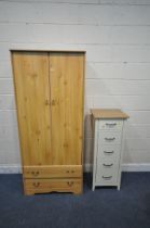 A MODERN PINE EFFECT DOUBLE DOOR WARDROBE, with two drawers, width 79cm x depth 50cm x height 183cm,