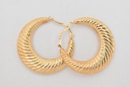 A PAIR OF 9CT GOLD CREOLE HOOP EARRINGS, hollow textured hoops, approximate outer diameter 33.0mm,
