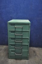 A VINTAGE PAINTED SMALL CHEST OF FIVE TOOL DRAWERS with a missing locking 'Wellington' style locking