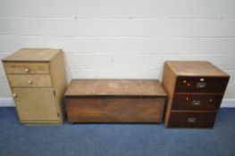A MAHOGANY CHEST OF THREE DRAWERS, with brass campaign handles, width 58cm x depth 49cm x height